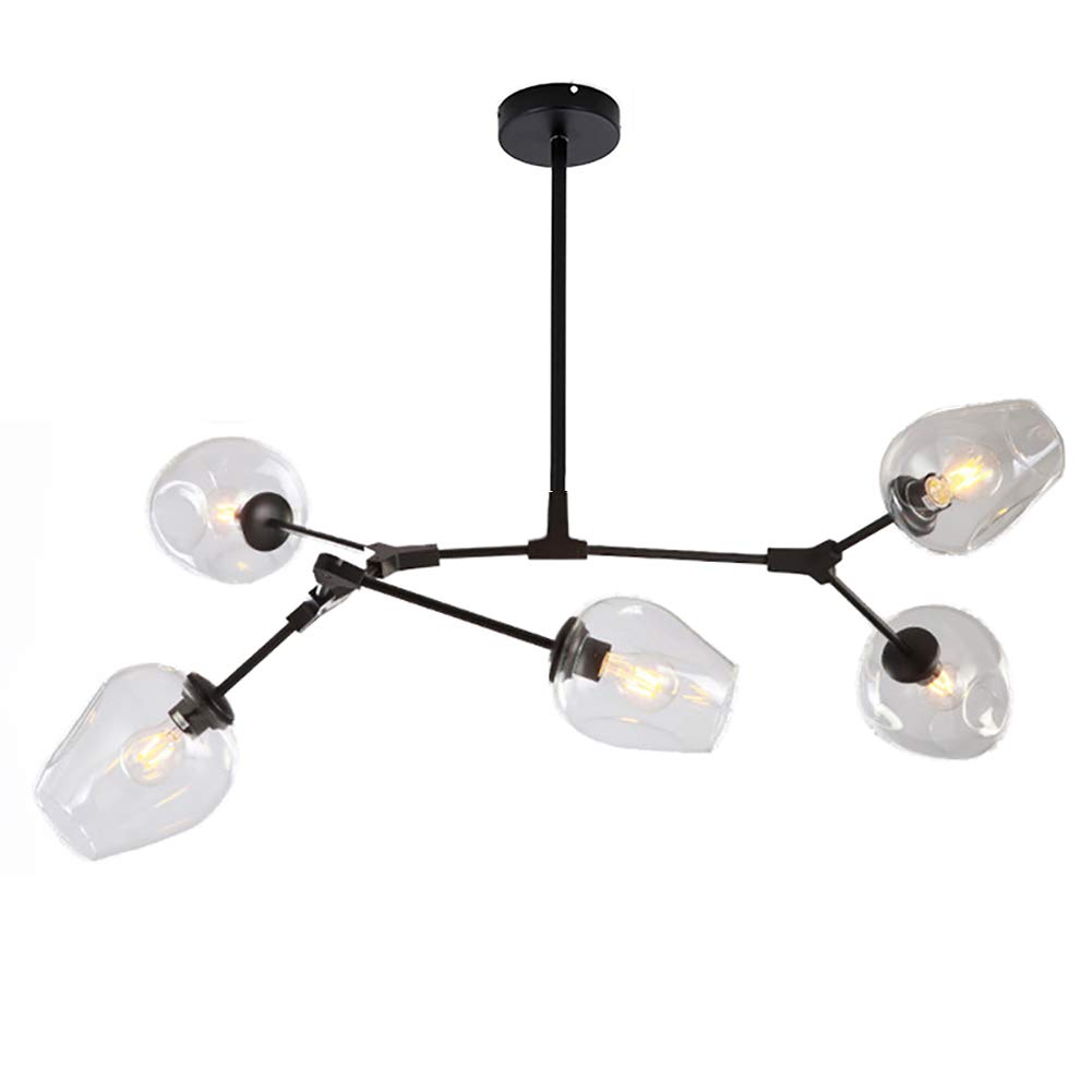 CCSUNGlass Ball Sputnik Chandelier,5-Lights Branches Pendant Light Rustic,E26 Adjustable Height Starburst Chandelier,Matte Black Hand Blow Chandelier Transparent 5-Lights