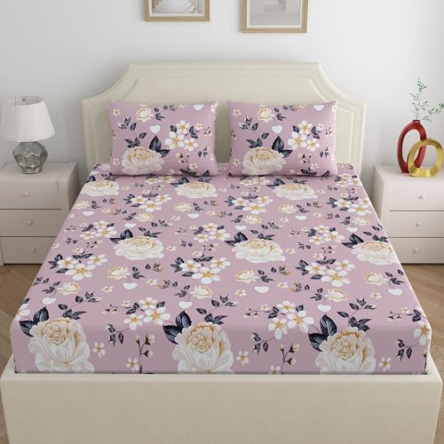 Image of Home Ecstasy Microfiber Wrinkle & Fade Resistant King Fitted Bedsheet with 2 Pillow Covers - (Size 72 x 78 inches, 140 GSM, Colour - Purple)