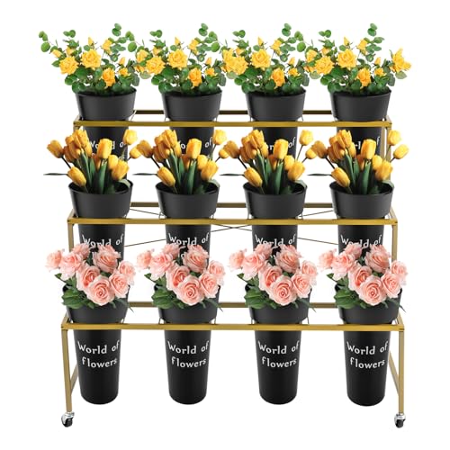 HuaShuani Flower Display Stand With 12PCS Buckets, 3 Layers Stair Shape Metal Moving Plant Cart Shelf with Wheels for Indoor, Living Room, Florist(Gold Stand+Black Bucket)