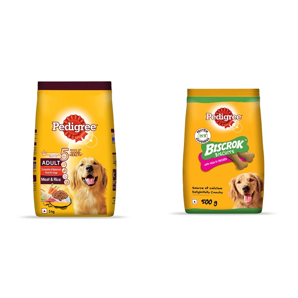 Pedigree Adult Dry Dog Food, Meat & Rice, 3kg Pack & Biscrok Biscuits Dog Treat (above 4 Months), Milk and Chicken Flavor, 500g Pack (B0927QJF3V) Amazon Price History, Amazon Price Tracker