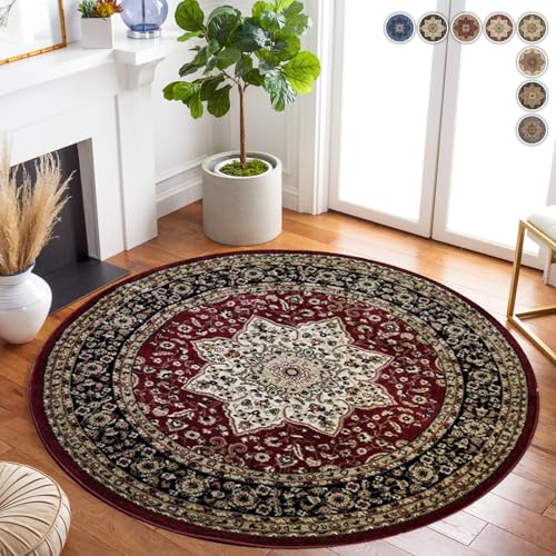 renoazul® Jute Back Round Rugs for Living Room - Rome Red Traditional Rug - 120 x 120 cm - Soft Bedroom Carpet, Floor Mat and Underlay Circular Rug