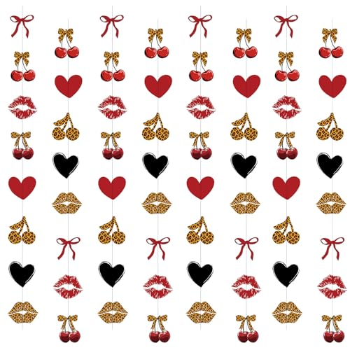 Image of Cheetah Cherry Birthday Party Decorations 8PCS Leopard Hanging Banner Decor Red and Black Cheetah Cherry Print Pattern Card Banner Safari Animal Birthday Party Decorations Sulpplies