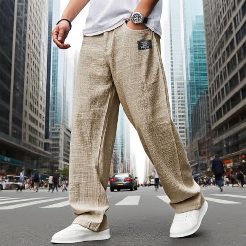 Cocoparo Mens Pants, Cocoparo Mens Casual Hemp Fabric Pants, Drawstring Loose Elastic Waist Pocket Trousers2