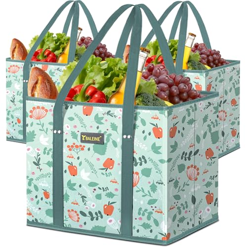 BALEINE 3Pk Reusable Grocery Bags, Foldable Shopping Bags for Groceries with Reinforced Bottom & Handles (Spring Stroll)
