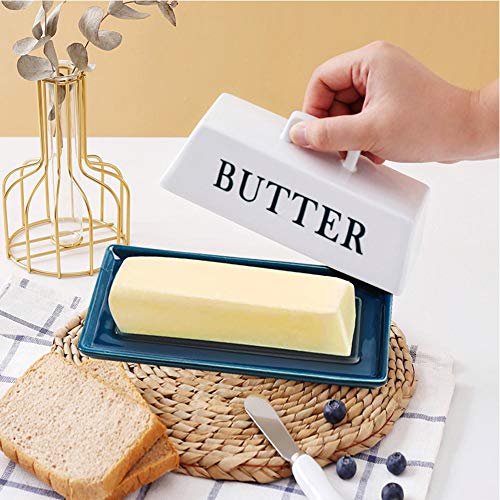 YCOCO Butter Dish with Lid,Ceramic Butter Holder and No-Slip Lid with Handle,Deluxe Butter Keeper For Counter Makes Spreading Effortless,Holds 1 Standard Stick,Blue - Thumbnail 2