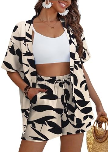 REDHOTYPE Women's 2 Piece Outfits Kimono Style Tropical Print Cov...