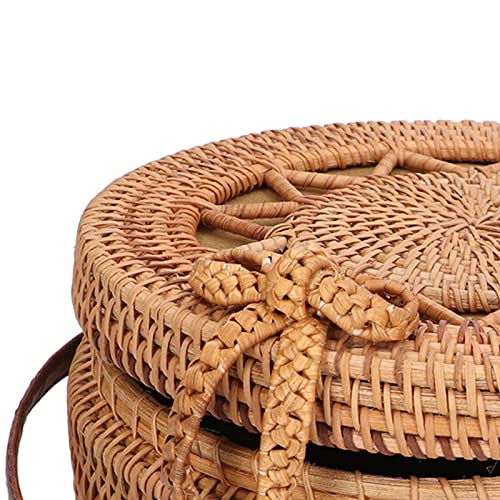 Bolsa de vime feita à mão, bolsa de ombro feminina redonda elegante tecida à mão com alça de couro,