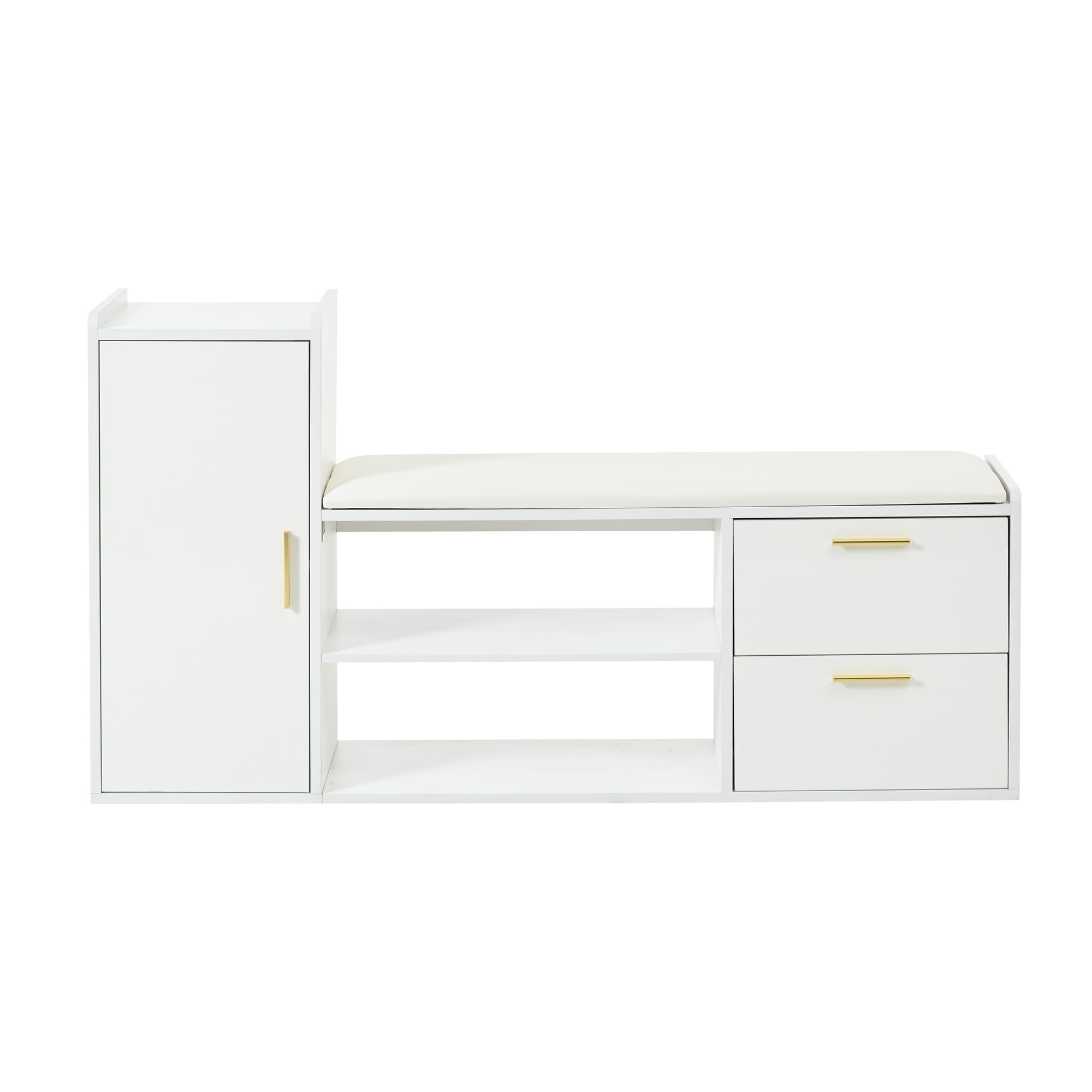 128 x 30 x 68 cm, zapatero con 2 cajones, 1 armario, bancos con acolchado y espacio de almacenamiento, adecuado para salón, pasillo, oficina, color blanco