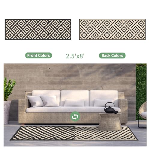 Image of GENIMO Outdoor Rug, Waterproof Plastic Runner Rugs, 2.5'x8' Black Beige