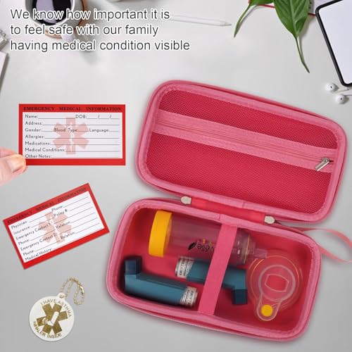 Image of MGZNMTY Travel Carrying Case Compatible with Asthma Inhaler Spacer for Adults and Children, Masks, Inhaler Holder with Asthma Alert Tag and Medical Card, Carabiner (Only Case) (Pink)