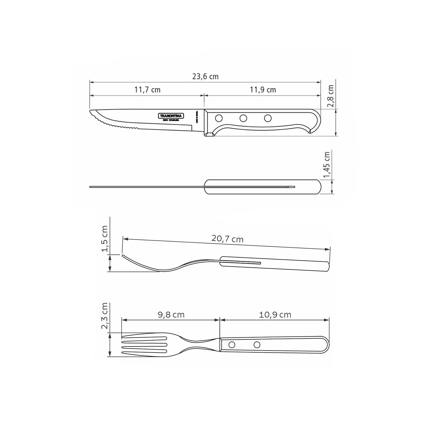TRAMONTINA - Set di posate Churrasco, per carne, in acciaio inox e manici in legno polywood in colore castano, utensili con rivetti, 8 pezzi