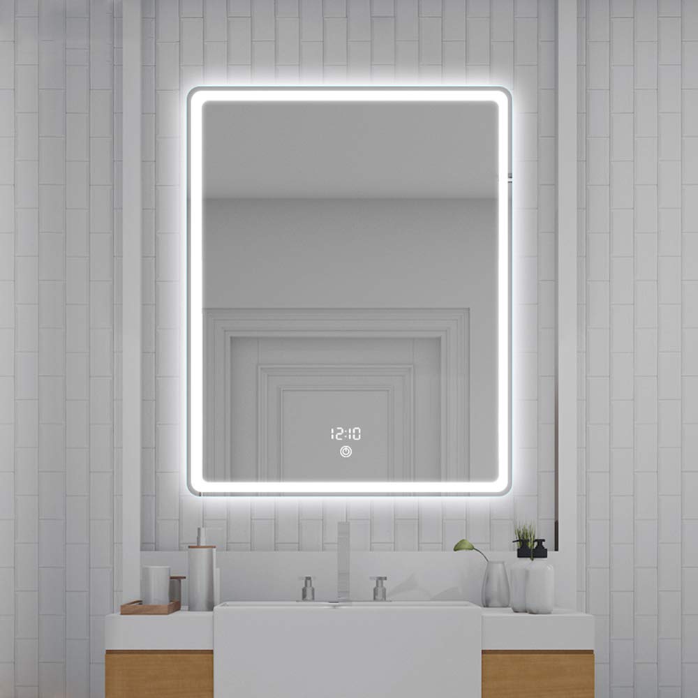 WWWRL 24x32in/LED Bathroom Mirror Light/Rectangular Wall Mirror/Adjustable 3 Color and Brightness Touch Switch+Anti-Fog+Time Temperature+5MM HD Explosion-Proof Mirror+Bluetooth/Makeup Mirror