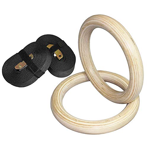 体操の吊り輪, 1組 バーチウッド 懸垂リング 家庭用フィットネス筋力トレーニング用 2.8/3.2cm×4.5m 調節可能なストラップ(2 Rings With Straps,32mm)