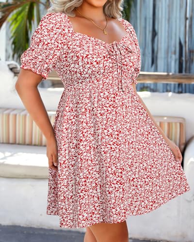 Image of Pinup Fashion Women Plus Size Casual Puff Sleeve Summer Sundress Smocked Short A Line Babydoll Cute Mini Dresses