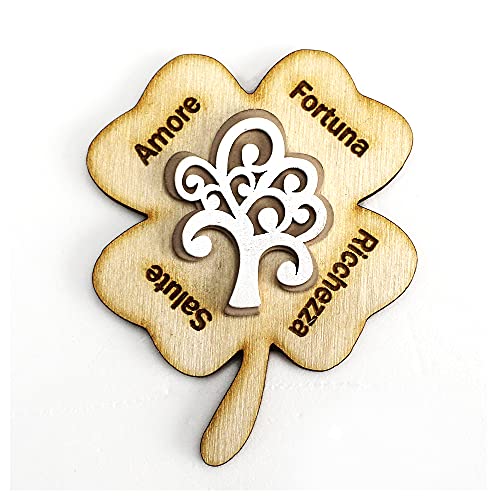 DLM-32415 (Kit 12 Pezzi) Calamita Magnete Legno Quadrifoglio Portafortuna Albero della Vita Bianco Confettata Segnaposto bomboniera