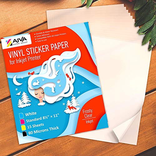 Printable Vinyl Sticker Paper For Inkjet Printer - Frosty Clear - Semi-Transparent -15 Self-Adhesive Sheets - Waterproof Decal Paper - Standard Letter Size 8.5"X11" #TOP4