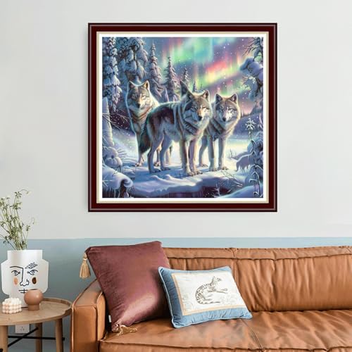 Image of Joyhoor Cross Stitch Kits for Beginners Stamped Cross-Stitch Supplies Needlework preprint Embroidery Kits for Adults DIY Needlepoint Kit Embroidery Patterns 11CT-Snow Wolf 18x18 inch