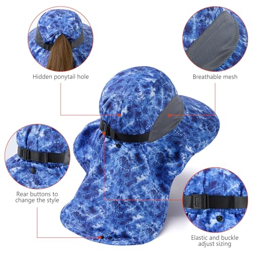 Image of BASSDASH UPF 50+ Unisex Water Resistant Wide Brim Sun Hat with Large Neck Flap Ponytail Fishing Hat for Men Women