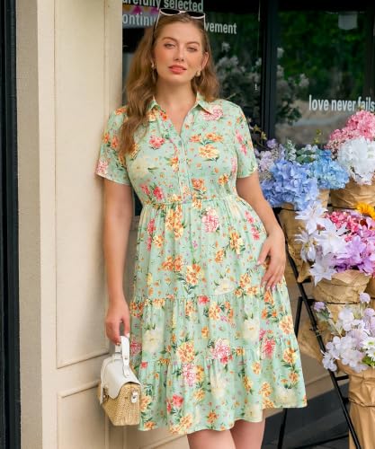 Image of CARCOS Plus Size Dresses for Curvy Women Collared Vneck Short Sleeve Dresses Midi Summer Ruffle Dress with Pocket XL-5XL