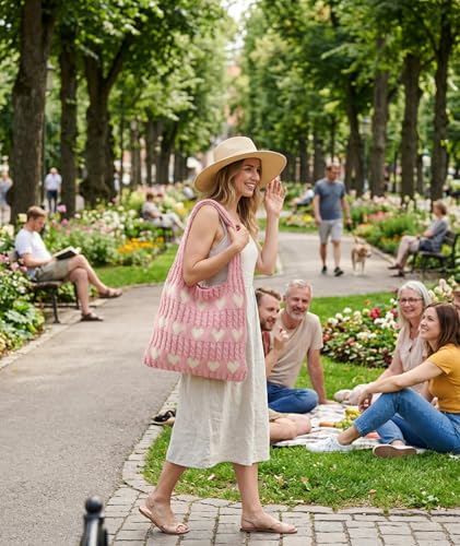 Image of Crochet Bag, Stylish Tote Bag for Women, Beach Bag for Daily Use and Travel, Pink Woven Openwork Design, Perfect for College Girls and Fashion Enthusiasts