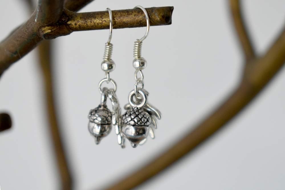 Enchanted Leaves - Silver Acorn Earrings - Cute Tiny Fall Acorn Charm Earrings
