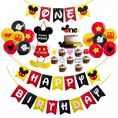 Mickey Mouse First Birthday Decorations, Mickey Mouse Happy Birthday Banner, Mickey Mouse One Banner, Mickey Mouse One Cake Topper, Baby Gilr Boy Mickey Mouse Theme 1st Birthday Party Supplies Decorations with 12 Pcs Latex Balloons