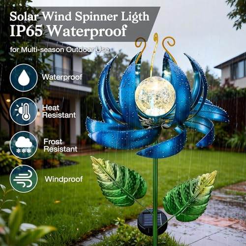 Image of Solar Yard Lights Wind Spinners- Metal Lotus Flower Garden Decor LED Crackle Glass Globe Yard Art Sculpture Solar Stake Lights for Patio Pathway Lawn Walkway (Blue-Large)