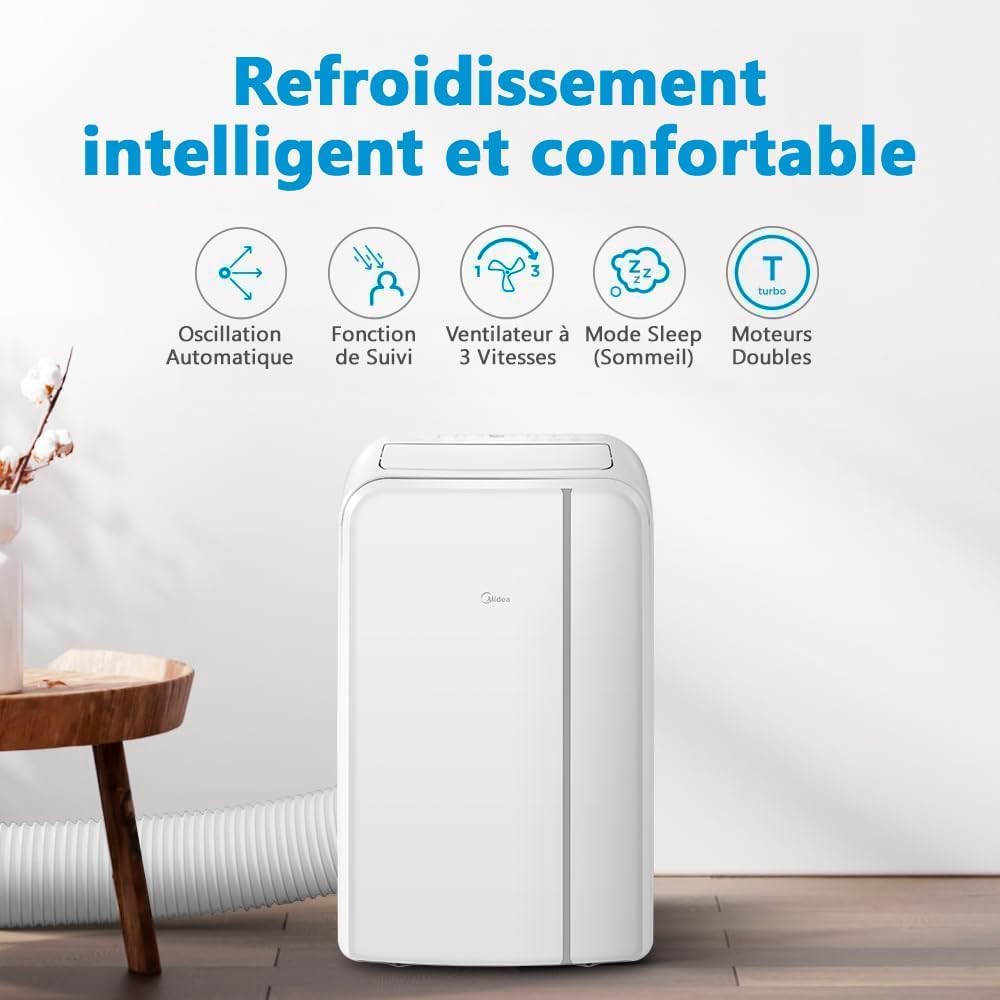 MIDEA Climatiseur Mobile Silencieux 9000 BTU avec Évacuation - Climatisation Portable Prêt à Poser 2700W - Clim Split Mobile - 3 Vitesses avec Kit de Fenêtre et Télécommande