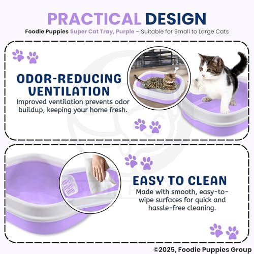 Image of Foodie Puppies Cat Litter Box Tray with Rim and Scooper - (Purple) (Large, 46 x 38 x 13 cm) | Semi-Closed Design and Durable Quality | Pet Litter Sand Tray Suitable for All Adult Cats & Kittens