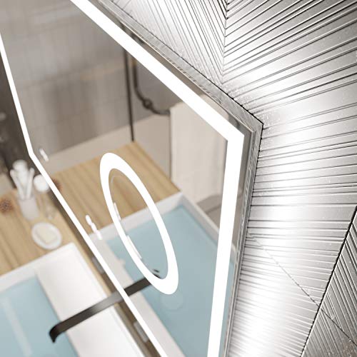 PetusHouse 48 X 36 Inch LED Lighted Smart Bathroom Mirror, Bluetooth Speaker and 5.5 Inch 3X Lighted Magnifier, Wall Mounted White Light Backlit Dimmable Anti-Fog Time Display CRI>90, Horizontally