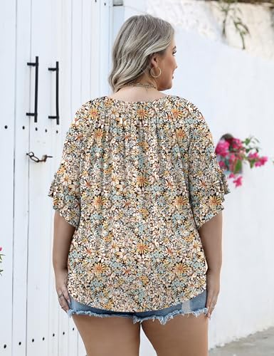 Image of Micoson Womens Plus Size Tops 3 /4 Ruffle Sleeve Crewneck Pleated Shirts