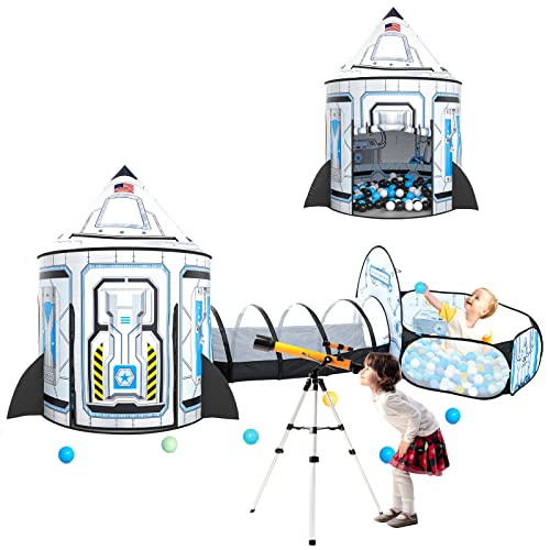 Image of 3pc Kids Play Tent for Girls with Ball Pit, Crawl Tunnel, Princess Tents for Toddlers, Baby Space World Playhouse Toys (3PC White Rocket Play Tent)
