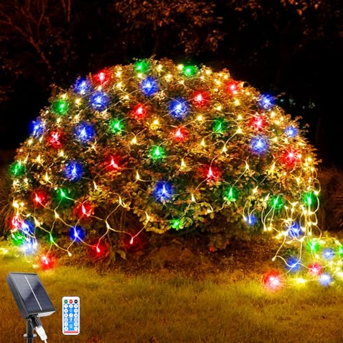 WoskjXas Solar LED Net Lights, 198 LED Mesh Fairy Lights, 8 Modes, 6.6 Ft x 9.8 Ft Garden Net Curtain Light, Remote Control, Waterproof - Ideal for Balcony Fence Christmas Decor (2M*3M, Colorful)