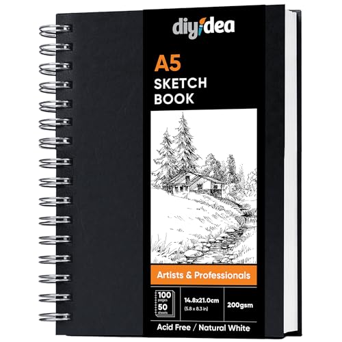 DIYIDEA Carnet de Croquis A5 200 g/m² Épais – 100 Pages, Spirale Couverture Rigide – Carnet Dessin pour Crayon, Fusain, Graphite & Pastel – Pour...