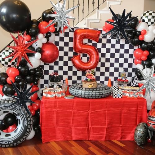 Image of TONIFUL 8 Pcs Explosion Star Foil Balloon Black Silver Red Party Decoration | 22 Inch Large Mylar Star Balloons for Race Car Theme Birthday for Boys Men Gradutaion Retro Rock Themed Party Decorations