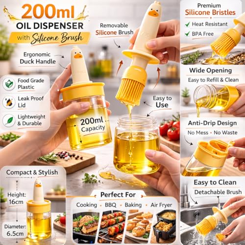 Image of Oil Brush Dispenser for Cooking 200ml | Plastic Oil Bottle with Silicone Basting Brush | Easy Oil Apply for Roti & BBQ Grill Frying Baking, Air Fryer, Heat-Resistant Food-Grade Brush for Kitchen