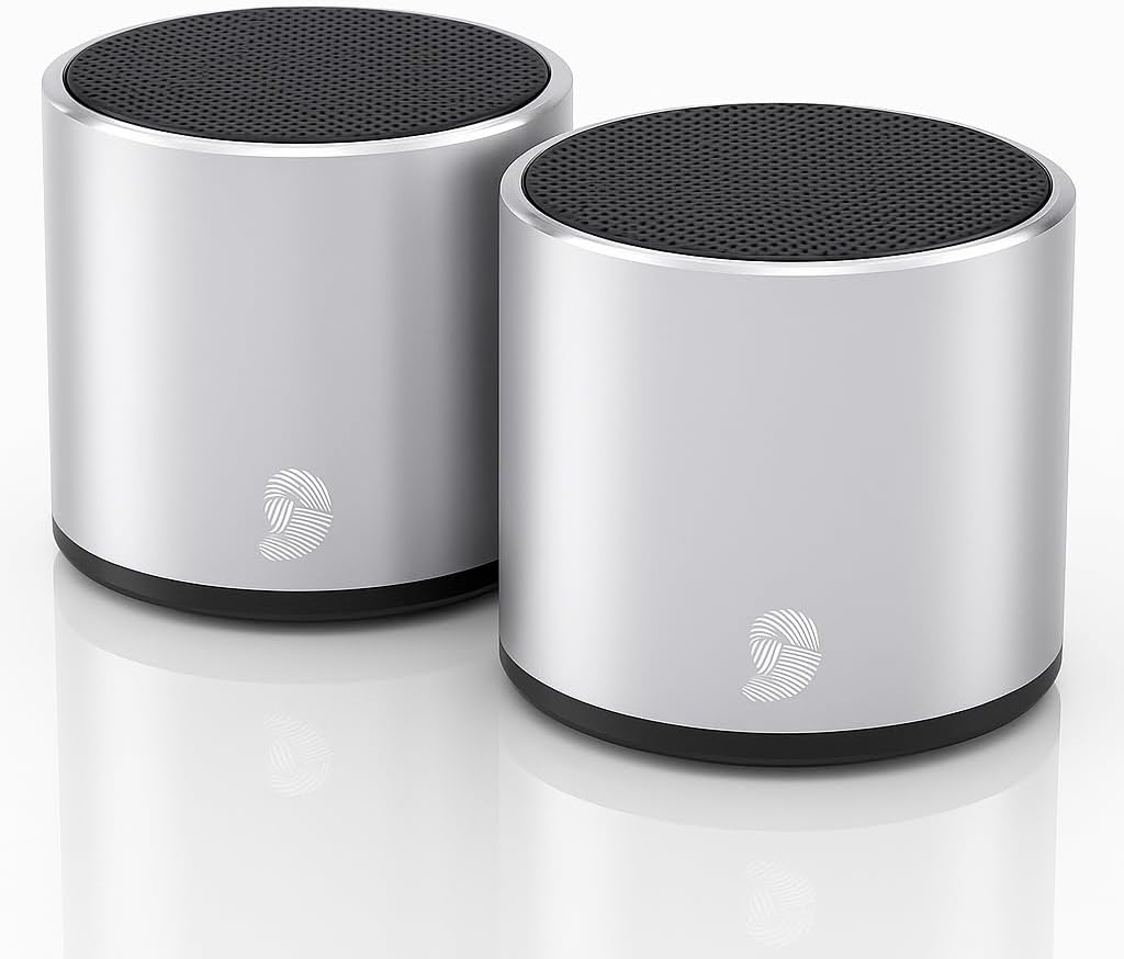 HeadSound H2 Mini Bluetooth Speakers (2 Pack) – 5 W True Wireless Stereo, Waterproof IPX7, Built-in Mic, Silver