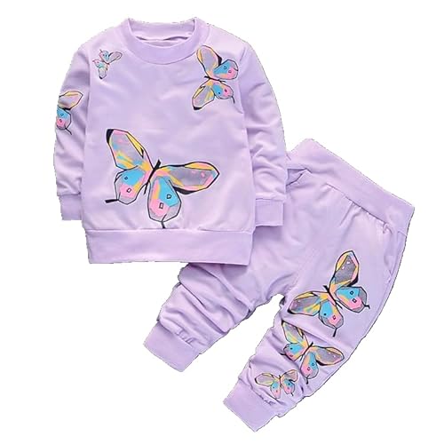 WIAINIBIBI Butterfly two-piece children's set, children's fashionable children's clothing hoodie, two-piece children's clothing set (purple, 1-2Y)