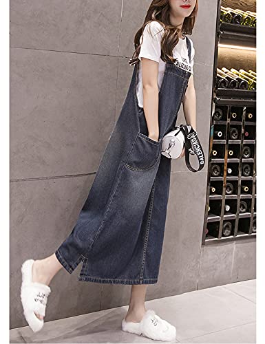 Cowoka Women's Denim Strap Dress Large Size Loose Casual Solid Color Mid-Length Skirt Blue M #TOP1