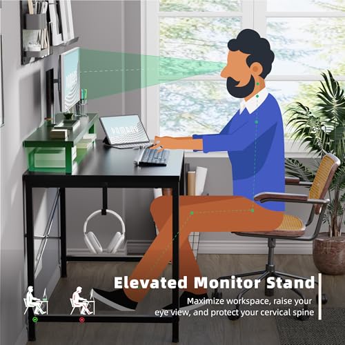 Image of Pamray 32 Inch Small Computer Desk with Monitor Stand, Simple Office Desk with Headphone Hook for Small Spaces, Kids Study Writing Table for Bedroom, Vintage