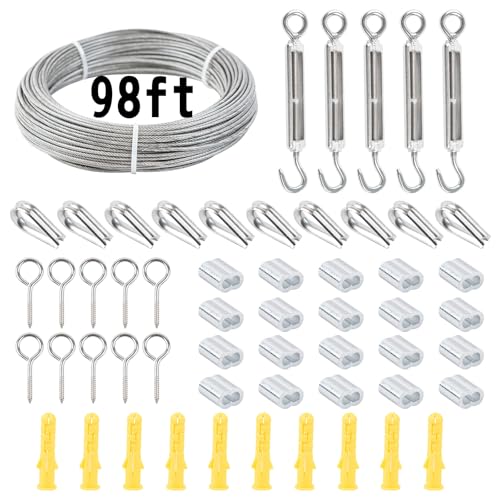 Stainless Steel Wire Rope Cable, 1/13 inch, 98 ft, with Accessories for Deck Railings, Outdoor Hanging, Garden Fences (98ft 56pcs)