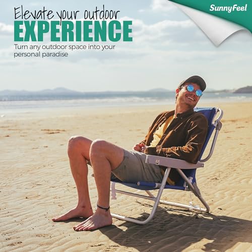 Image of SUNNYFEEL Extra Wide 28 inch Low Beach Chair 5 Position Lay Flat, XL Oversized Portable Folding Camping Chairs with Cup Holder for Outdoor /Trip, Lightweight Foldable Backpack Beach Chair for Adults