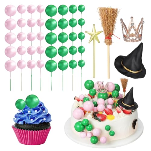 Garneck 44 Pcs Wicked Cake Topper Decorations: Mini Wicked Witch Hat with Silver Crown Wand Broom Mini Balls Cake Decorations for Girls Women Princess Happy Witch Birthday Party Halloween Supplies