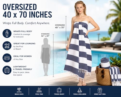 Clotho Turkish Beach Towel Set of 4 – 100% Turkish Cotton, Oversized & Quick Dry – Sand Free Lightweight Travel & Pool Towels with Chair Bands – Giftable Clear Carry Case – Made in Türkiye | 100% Turkish Cotton, Cabana Stripe, Includes 2 Chair Bands, Sand Free, Giftable Clear Case, Lightweight, Travel Friendly - Image 6