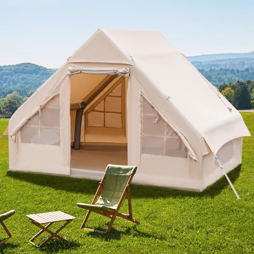 Tangkula Inflatable Camping Tent with Pump, 4-6 People Outdoor Blow Up Cabin Tent with 7 Mesh Windows, 2 Doors, 4-Season Glamping Inflatable Cotton House Tent with Carrying Bag for Camping Hiking