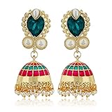 Moonstruck Traditional Indian Minakari Jhumka Earrings for Women – Gold-Tone Dome Earrings with Pink & Green Stones, Off-White Pearls for Weddings, Parties, and Ethnic Wear