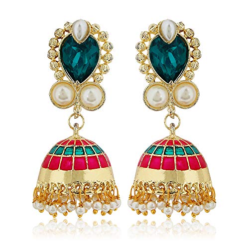 Moonstruck Traditional Indian Minakari Jhumka Earrings for Women – Gold-Tone Dome Earrings with Pink & Green Stones, Off-White Pearls for Weddings, Parties, and Ethnic Wear