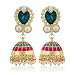 Moonstruck Traditional Indian Golden Minakari Jhumka Earrings With Green Stone And Pearls for Women