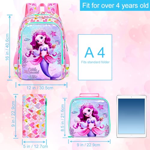 Image of CCJPX 16 inch Mermaid Backpack for Girls, 3Pcs Kids Bookbag with Lunch Box, Water Resistant Elementary School Bag for Kindergarten Preschool Toddler (Pink)