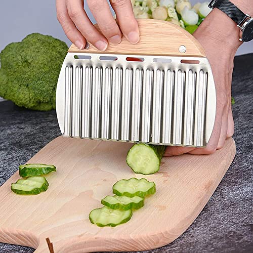 Image of Crinkle Cutter, Stainless Steel French Fry Slicer Knives for Potatoes Salad Carrot, Heavy Duty Wavy Crinkle Cutting Chopping Tools with Wooden Handle (Pack of 1)